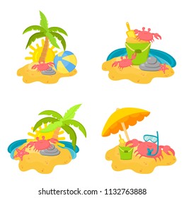Summer bright set of vector concepts. Beach concept with cute crabs. Sandy island by sea with a palm tree and children's toys. Holiday vacation concept. Flat hand drawn illustration isolated on white.