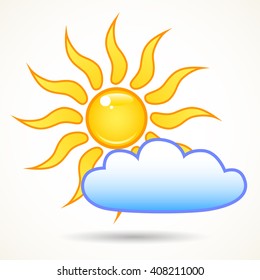 Summer bright shining sun and a cloud on the sky, isolated over white. Vector sun icon.