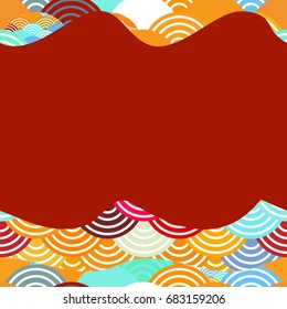 Summer bright sunny pattern fish scales simple Nature background with Chinese wave circle pattern red orange yellow blue pink colors card banner design. Burgundy frame for your text. Vector