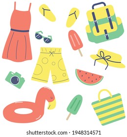 Summer bright sunny set. Set of summer accessories. Vector illustration in flat cartoon style. Tourism. Beach. Travel. Hike.