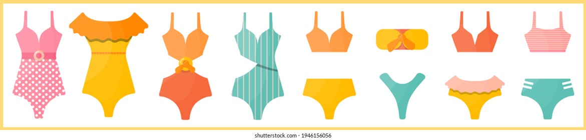 Summer bright swimsuits with different design. Set of hand-drawn beachwear.