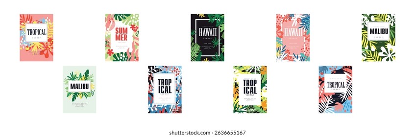 Summer Bright Tropical Cover and Poster Design Vector Set