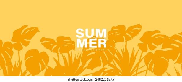 Summer bright tropical yellow background with monstera leaves and other tropical plants. Botanical vector illustration