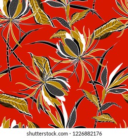 Summer bright  Vector seamless pattern of exotic flowers and  leaves drawn in line fill-in with polka dot pattern modern style design for fashion ,fabric and all prints on red background