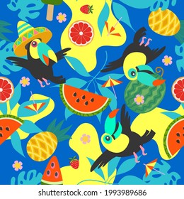 Summer bright vector seamless pattern with juicy fruits and tropical leaves.