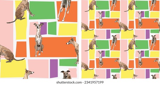 Summer bright wallpaper with Whippets. Holiday abstract shapes square seamless mosaic, repeatable pattern. Birthday wallpaper, Christmas present, print tiles. Simple Violet puzzle with dogs, pet art.