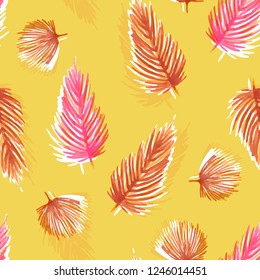 Summer bright  Watercolor seamless pattern with tropical leaves: palms, monstera. Beautiful allover print with hand drawn exotic plants,botanical design Vector on yellow background