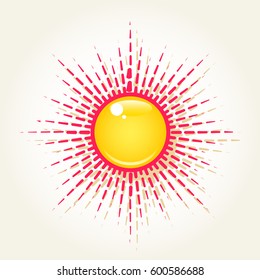 Summer bright yellow and red shining sun on the sky, isolated over white.