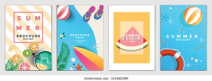 Summer Brochure Design Layout Template in A4 size, greeting cards. Frame with Summer elements. Ideal for party poster, greeting card, banner or invitation. Vector Illustration