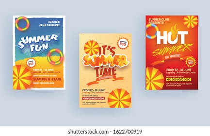 Summer Brochure Template, Flyer Design Set with Top View Umbrella, Swimming Ring and Venue Details.
