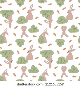 Summer brown rabbits on field with bushes and carrots. Cute simple seamless pattern. Vector illustration with hares in hand drawn style.