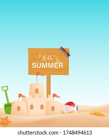 Leer el cepillo de verano Hola verano con un bonito castillo de arena. Ilustración veraniega de la playa de los vectores