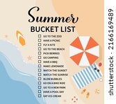 Summer bucket list. Funny things to do checklist. Seasonal activity planner page.  Vacations wish list. Easy to edit vector template.  