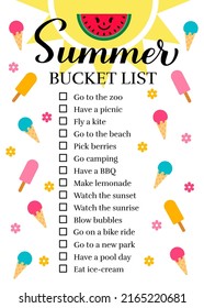 Summer bucket list. Funny things to do checklist. Seasonal activity planner page.  wish list. Easy to edit vector template.  