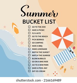 Summer bucket list. Funny things to do checklist. Seasonal activity planner page.  Vacations wish list. Easy to edit vector template.  