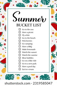 Summer bucket list. Funny things to do checklist. Seasonal activity planner page.  wish list. Easy to edit vector template.  