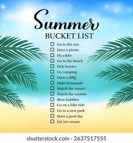 Summer bucket list. Funny things to do checklist. Seasonal activity planner page.  Vacations wish list. Easy to edit vector template