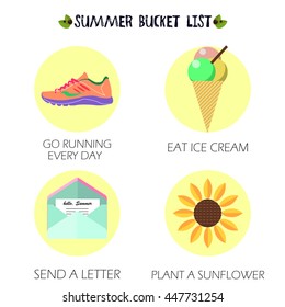 Summer Bucket List: Go Running Everyday, Eat Ice Cream, Send A Letter, Plant A Sunflower. Vector Illustration, Eps10. Things To Do In Summer. Logo Concept. Summer Activities.