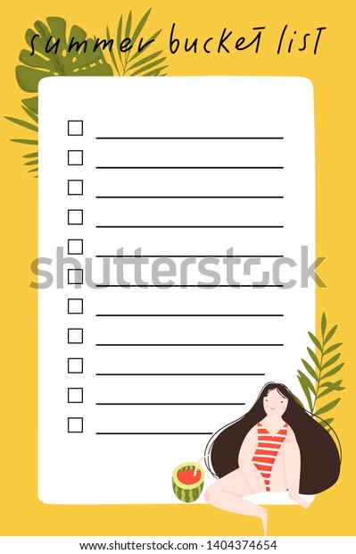 Summer bucket list with hand drawn\
illustration of cute girl, leaves and summer\
elements