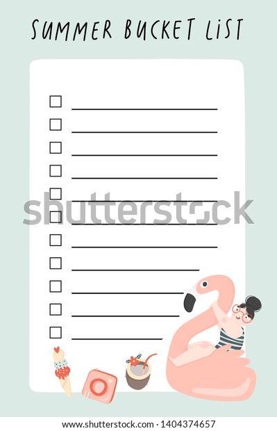 Summer bucket list with hand drawn
illustration of cute girl, leaves and summer
elements