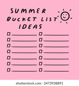 Summer bucket list ideas. Flat design. Vector illustration on pink background.