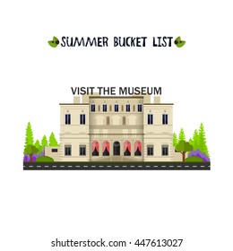 Summer Bucket List. Visit The Museum. Museum, Trees. Things To Do In Summer. Logo Concept. Vector, Eps10.