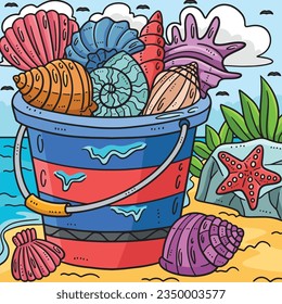 Cubo de verano de conchas marinas caricatura de color 