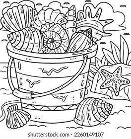 Summer Bucket of Sea Shells Coloring Page for Kids