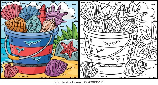 Summer Bucket of Sea Shells Coloring Illustration