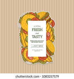 Summer burger on cardboard vertical design template. Snack collection. Menu template. Fast food. Vector illustration