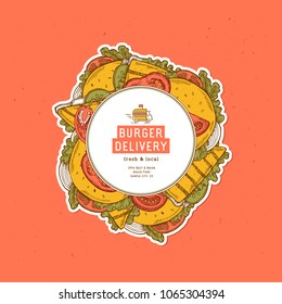 Summer burger round design template. Snack collection. Fast food. Vector illustration