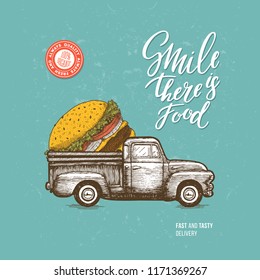 Summer burger truck delivery design template. Menu template. Fast food. Vector illustration