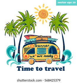 Summer bus going to travel. See view with palms and sun. Vector illustration on white background. Element for logo, poster, banner, etc.