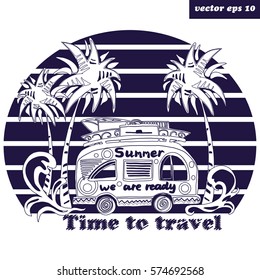 Summer bus going to travel. See view with palms and sun. Vector monochrome illustration. Element for logo, poster, banner