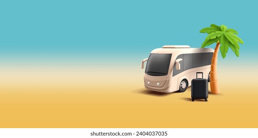 Summer bus tour 3d render illustration with bus, palm and black suitcase, beach tour with friends