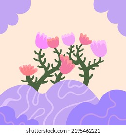 Summer Bush Landscape Plant and Flower Illustration