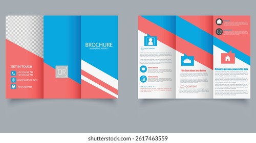 Summer Business Brochure Template. Modern Corporate Trifold Design in Red and Blue for Marketing and Tech Agencies