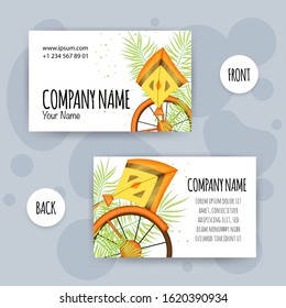 Summer business card with summer items. Cartoon style. Vector illustration