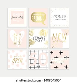 Summer business, fashion, brand ad templates collection for posts and stories advertising.  Social media trends. Textured, patterns, background. Pink gold white color palette. Vector 