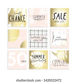 Summer business, fashion, brand ad templates set for posts, stories advertising. Social media tropical trendy textured patterns, monstera palm leaves background. Bright tropical leaf vector