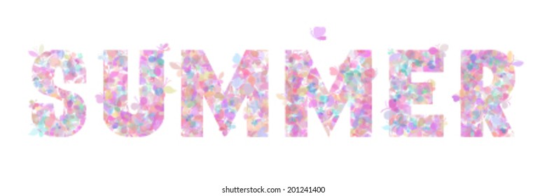 Summer butterflies background. Word "SUMMER" of various butterflies silhouettes isolated on white background. 