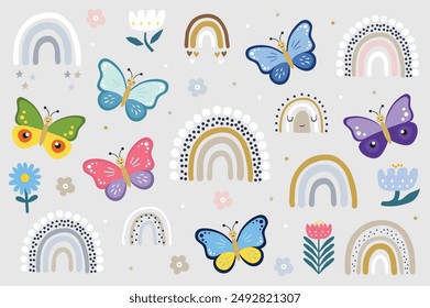 Summer butterfly, flowers, rainbows. Hand drawn cute cartoon summer characters isolated on light background. Color insect clipart. Baby shower design elements. Party invitation, birthday celebration. 