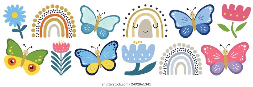 Summer butterfly, flowers, rainbows. Hand drawn cute cartoon summer characters isolated on light background. Color insect clipart. Baby shower design elements. Party invitation, birthday celebration. 