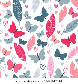 Summer butterfly seamless pattern with colorful tropical leaves and hearts. Cute insects with pink and blue wings girly repeat design. Nature inspired background with isolated vector objects.