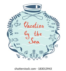 Summer by the sea. Boat vector illustration, wreath. Fishing and sailing.