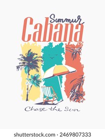 summer cabana slogan with palm tree and beach chair on colorful stripe background vector illustration