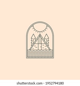 summer cabin camp logo vector illustration design, line art style logo