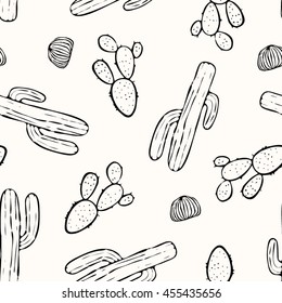 Summer cactus print for t-shirt, apparel, textile or wrapping. Pattern in black and white. Vector is seamless and repeatable.
