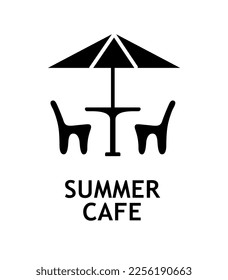 Summer cafe black icon. Place for cultural rest after work or study and romantic dates. Advertising sign and modern methods of marketing and promotion on Internet. Cartoon flat vector illustration