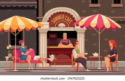 Summer cafe coffee shop street catering service counter with menu board customers drinking tea outdoor vector illustration
